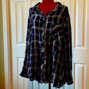 Terra and sky blue black and cream plaid shirt.